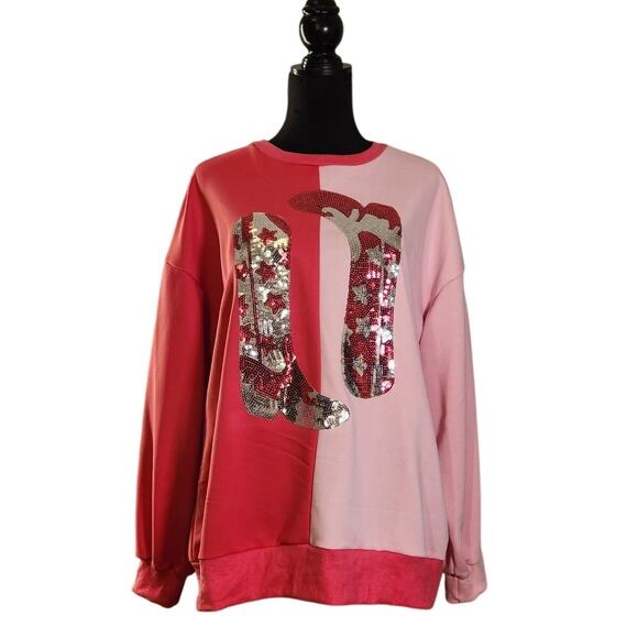 Sequin Cowgirl Boots Pink Sweatshirt, Size Large - Picture 1 of 9
